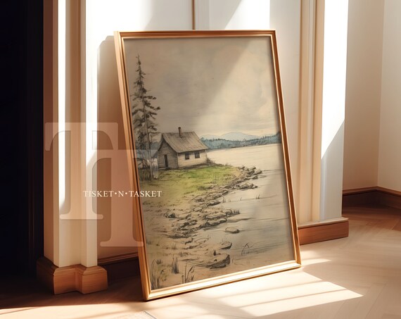 Lakeside Cabin Sketch Neutral Vintage Cottage Drawing Art Print