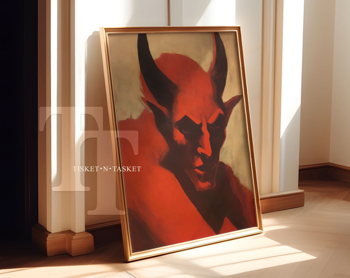Red Demon Portrait Devil Vintage Style Painting Gothic Wall Art