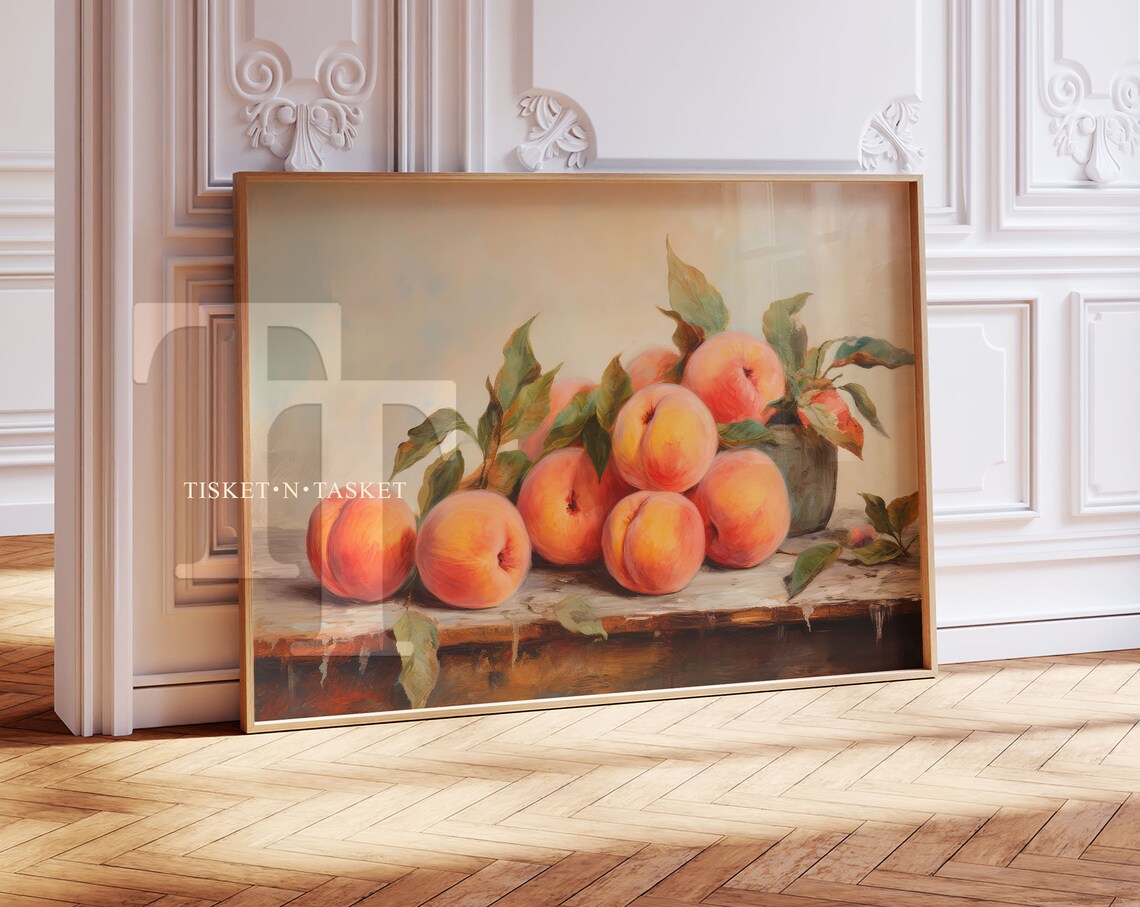 Ripe Peaches Still Life Vintage Kitchen Fruit Oil Painting Summer Poster