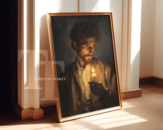Vintage Style Painting Of A Man Holding Candle Candelight Oil Portrait Dark Academia Wall Art