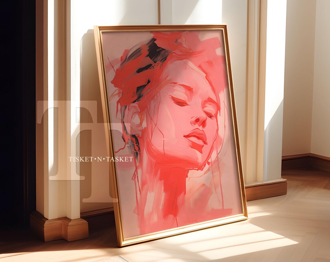 Pink And Red Abstract Portrait Of A Woman Painting High Fashion Beauty Room Vertical Wall Art