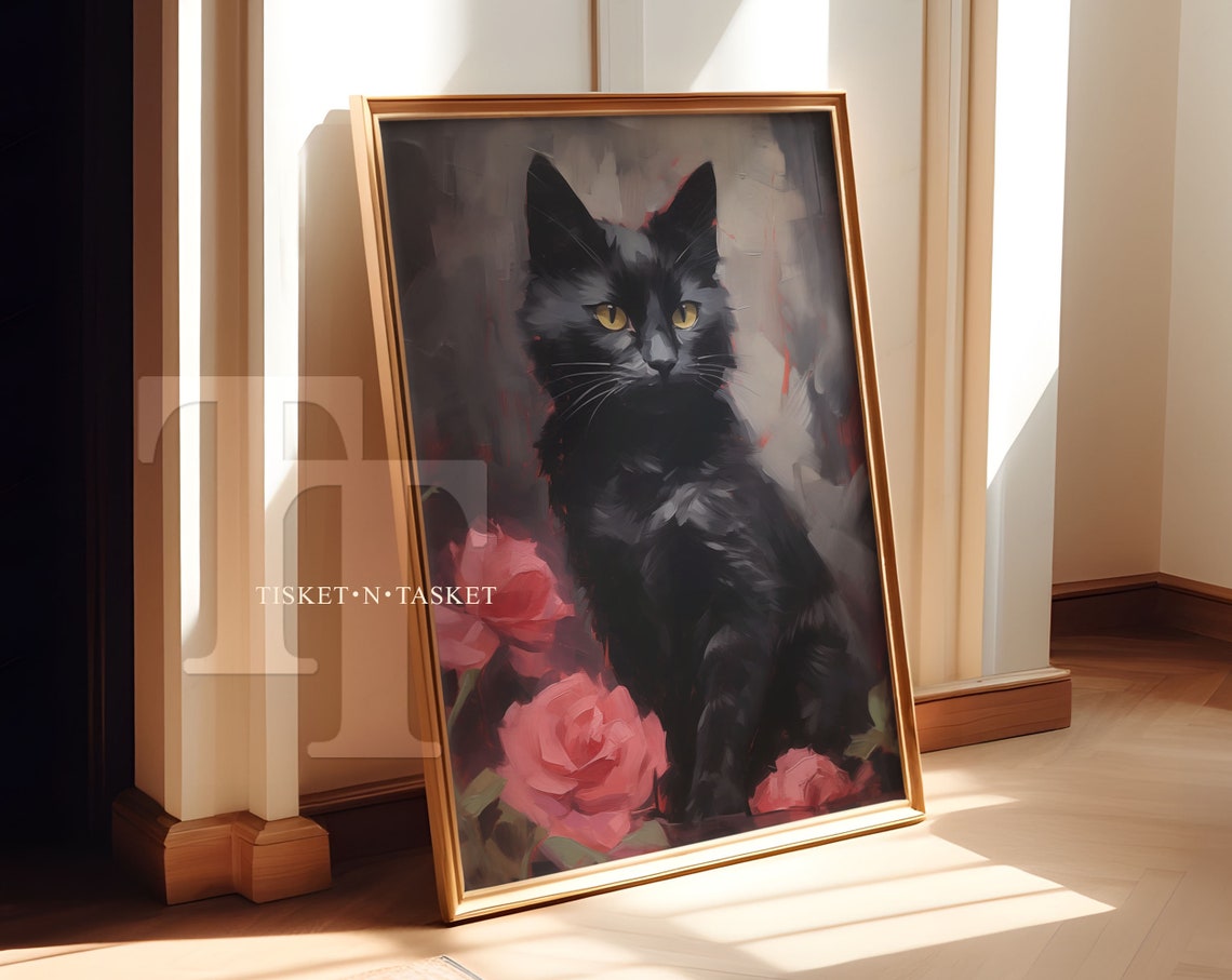 Painting Of A Black Cat With Pink Roses Wall Art