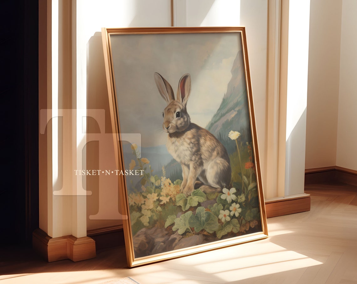 Hare Among Wildflowers Vintage Style Mountain Painting Print