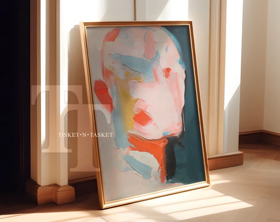 Abstract Oil Painting Portrait Of A Faceless Man Pink Red Teal Blue Yellow Brushstrokes Minimalist Wall Art