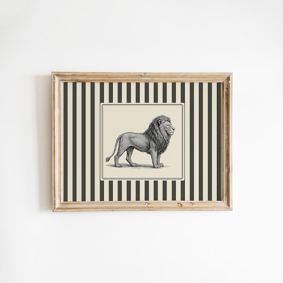 Lion Vintage Big Cat Illustration Striped Background Wall Poster