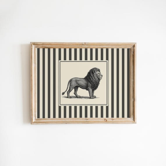 Lion Wall Art Vintage Big Cat Illustration With Striped Background