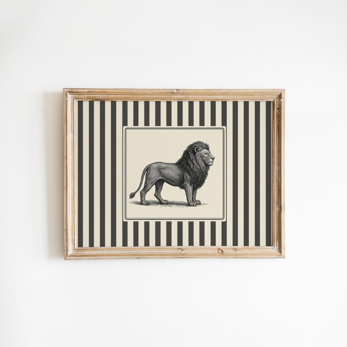 Lion Wall Art Vintage Big Cat Illustration With Striped Background