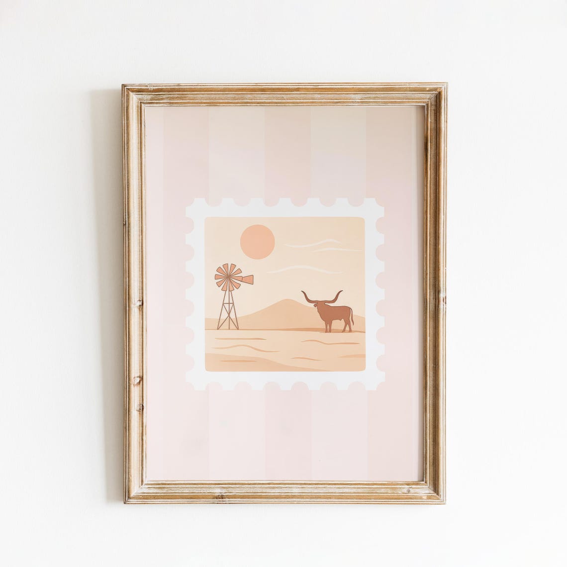 Texas Longhorn Windmill Desert Sun Vintage Stamp Western Wall Art