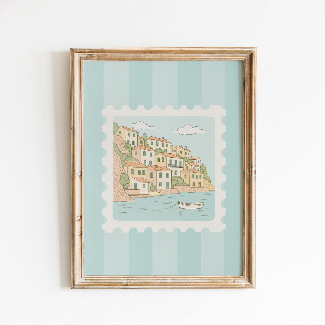 Mediterranean Cliffside Village White Boat Coastal Stamp Poster