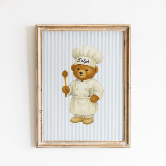 Chef Teddy Bear Blue Striped Kitchen Wall Art Print
