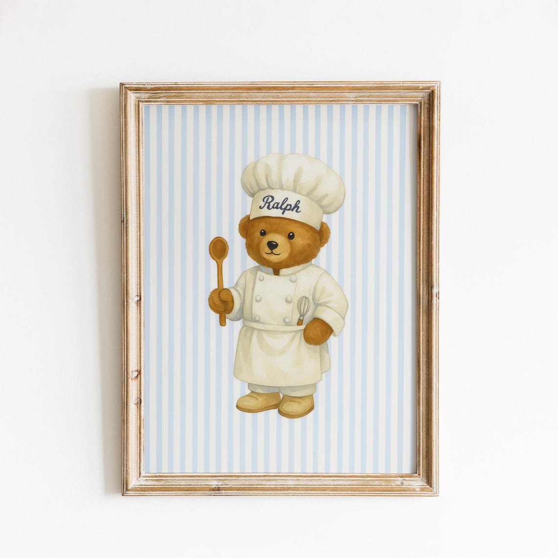Chef Teddy Bear Blue Striped Kitchen Wall Art Print