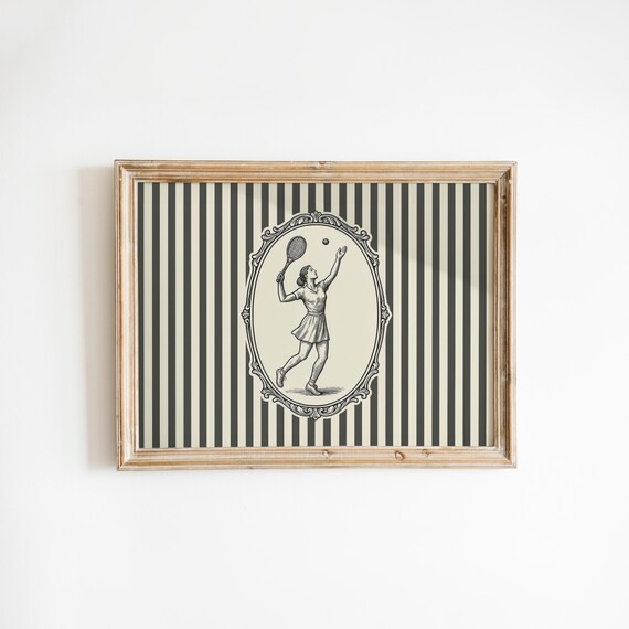 Vintage Tennis Lady Engraving Striped Elegant Sports Wall Poster