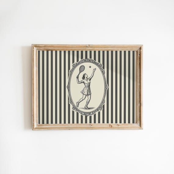 Vintage Tennis Lady Print Striped Elegant Sports Wall Art