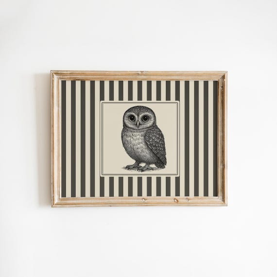 Owl Vintage Print Gothic Striped Wall Art With Engraved Bird
