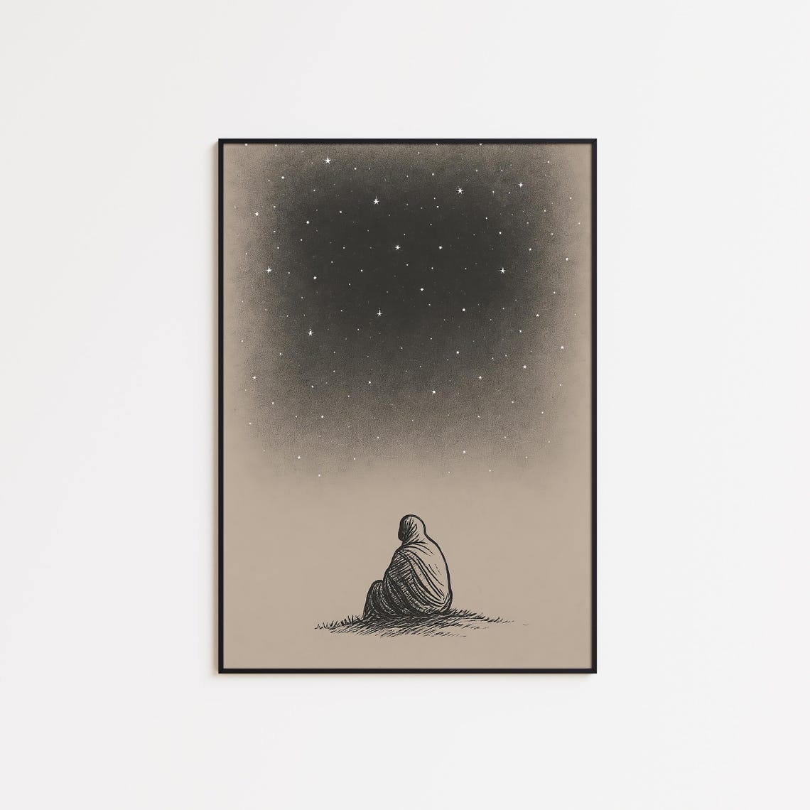 Lone Figure Gazing at a Starry Night Sky Minimalist Faith Poster