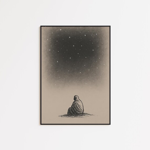 Lone Figure Gazing at a Starry Night Sky Minimalist Faith Poster