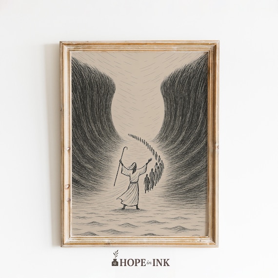 Moses Parts The Red Sea Minimalist Bible Line Art Scene Poster