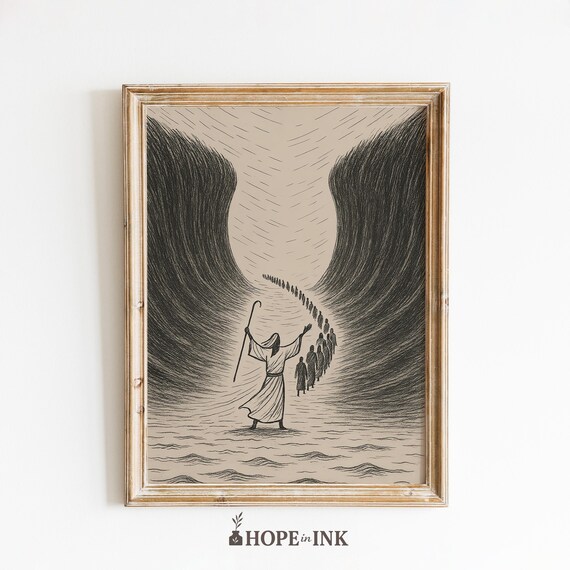 Moses Parts The Red Sea Minimalist Bible Verse Art Christian Line Drawing Poster Spiritual Wall Decor
