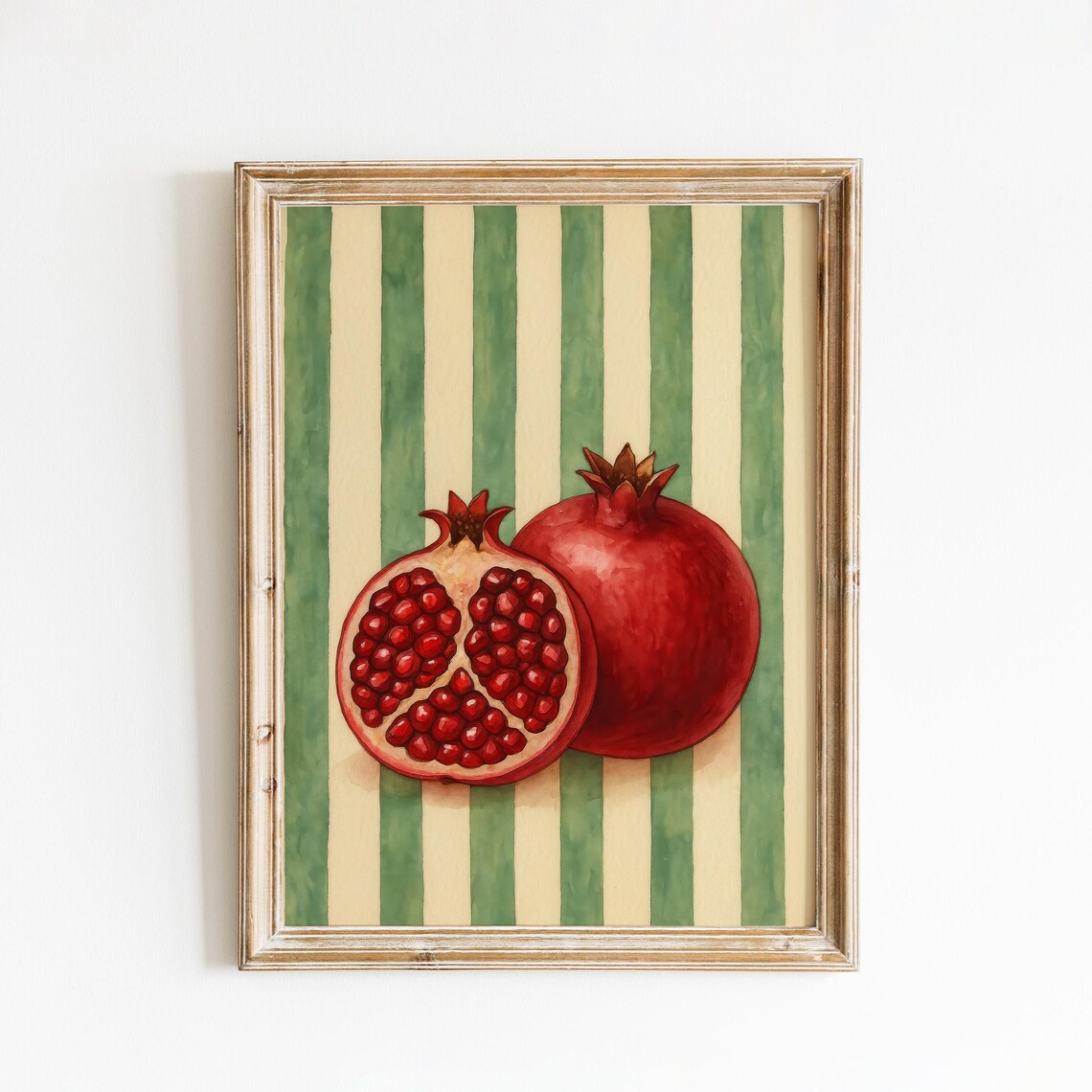 Pomegranate Pair Vintage Fruit Art On Green Striped Background Poster
