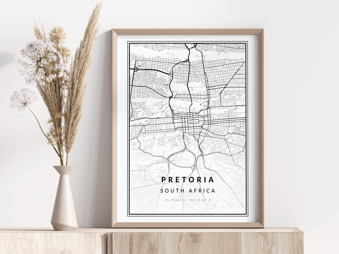 Pretoria South Africa Minimalist Black White City Street Map Art Print