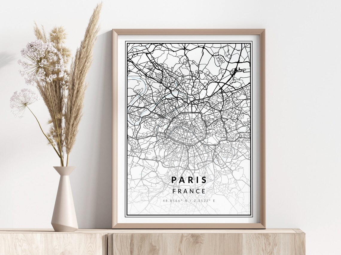 Paris France Street Map Black White Geographic Coordinates Wall Art