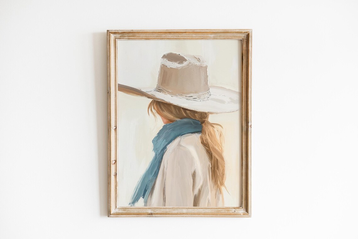 Neutral Cowgirl Portrait with Hat and Blue Scarf Western Art Poster
