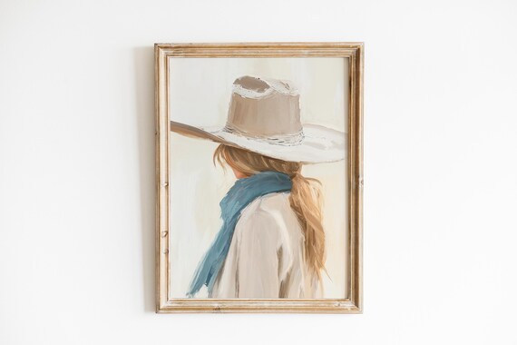 Neutral Cowgirl Portrait with Hat and Blue Scarf Western Art Poster