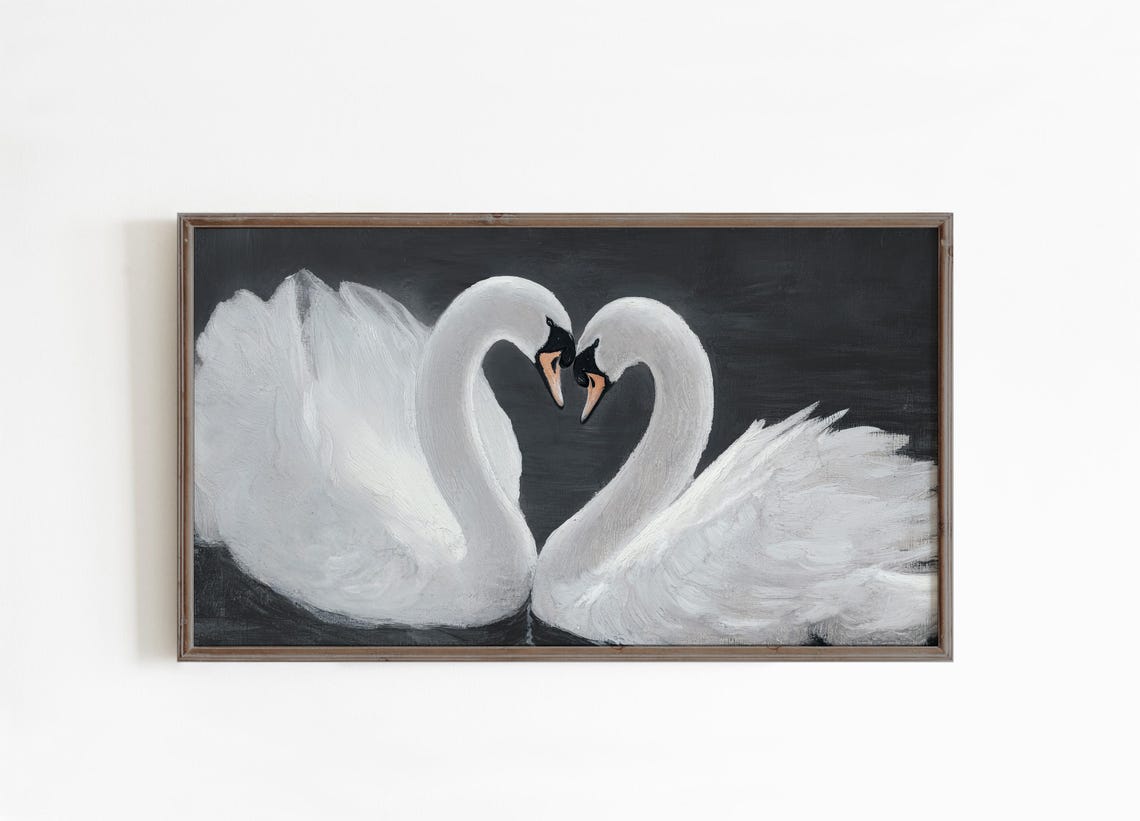 Two White Swans Heart Shape Moody Dark Romantic Wildlife Wall Art