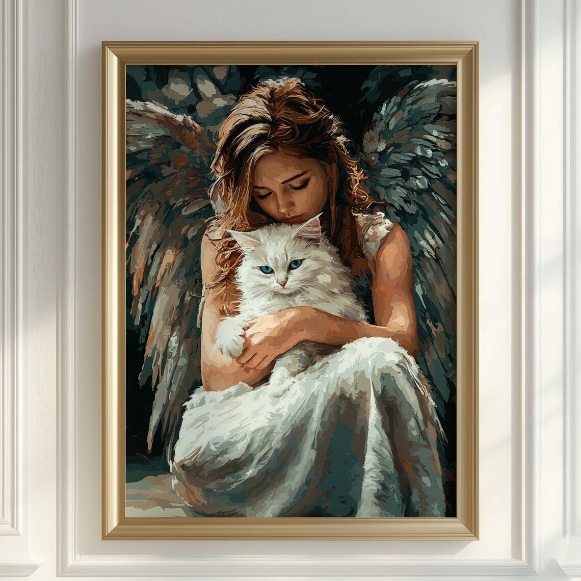 Gentle Angel Tenderly Embracing a Fluffy White Cat in a Painterly Spiritual Print