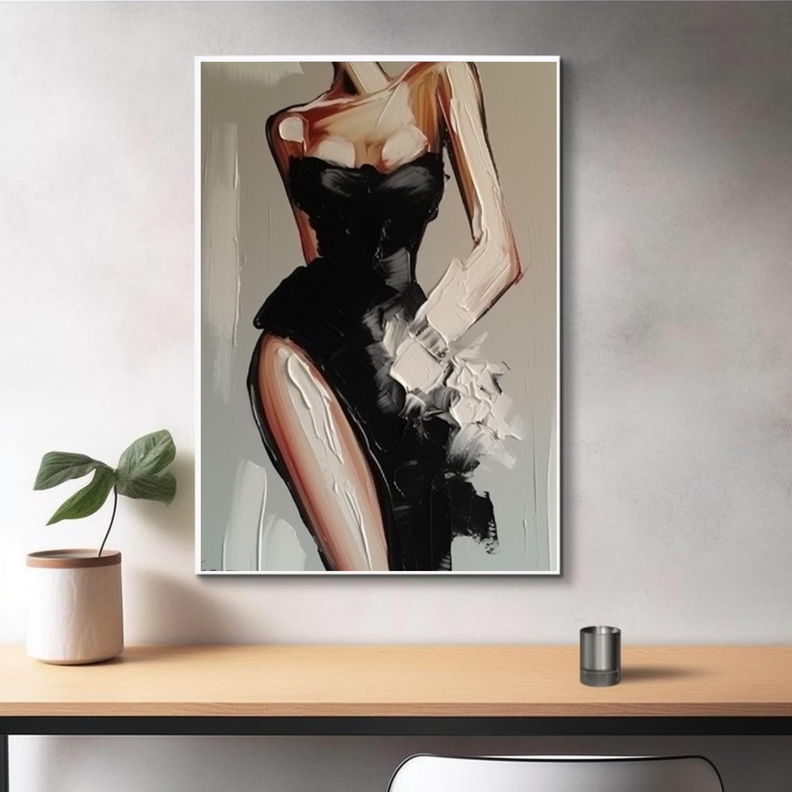Elegant Woman in Black Gown High Slit Abstract Painting Art Poster - Image 3