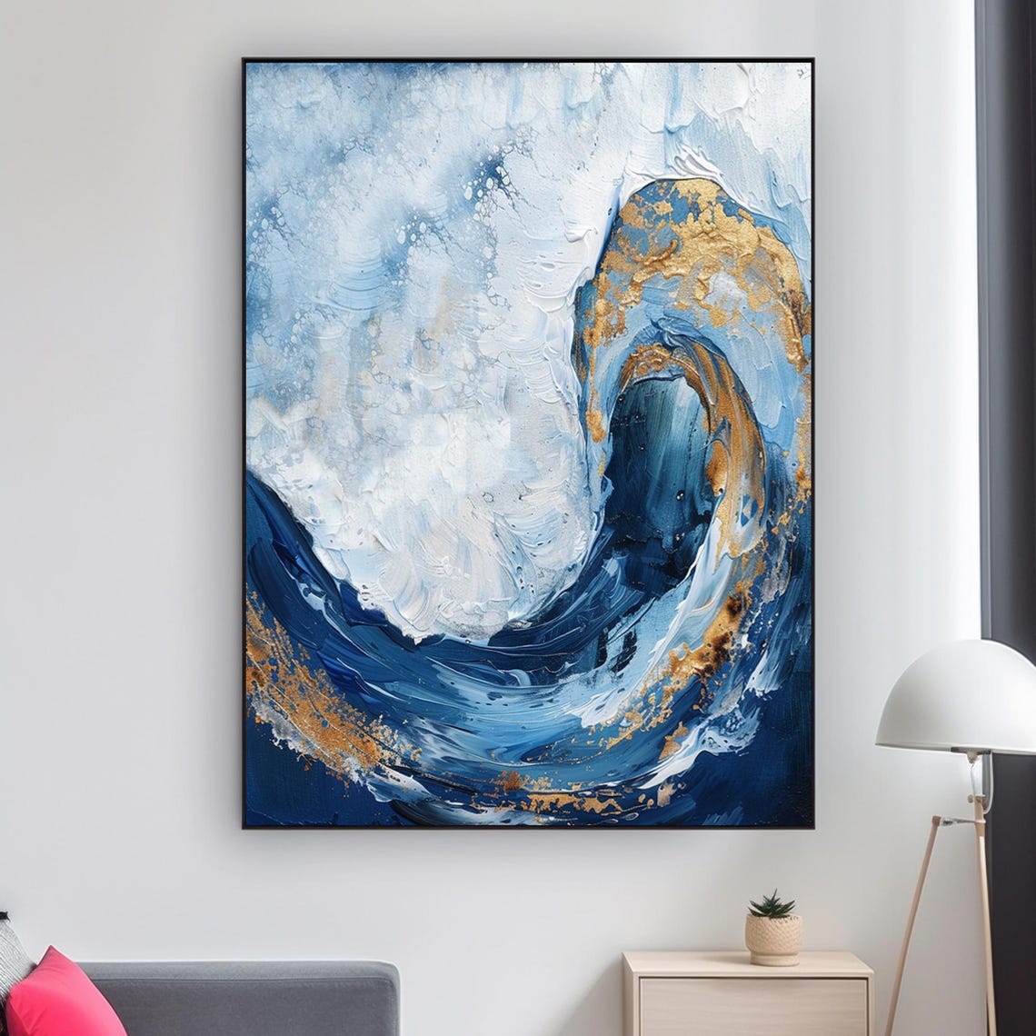 Blue Gold Ocean Wave Foam Crest Textured Abstract Seascape Art Poster - Image 2