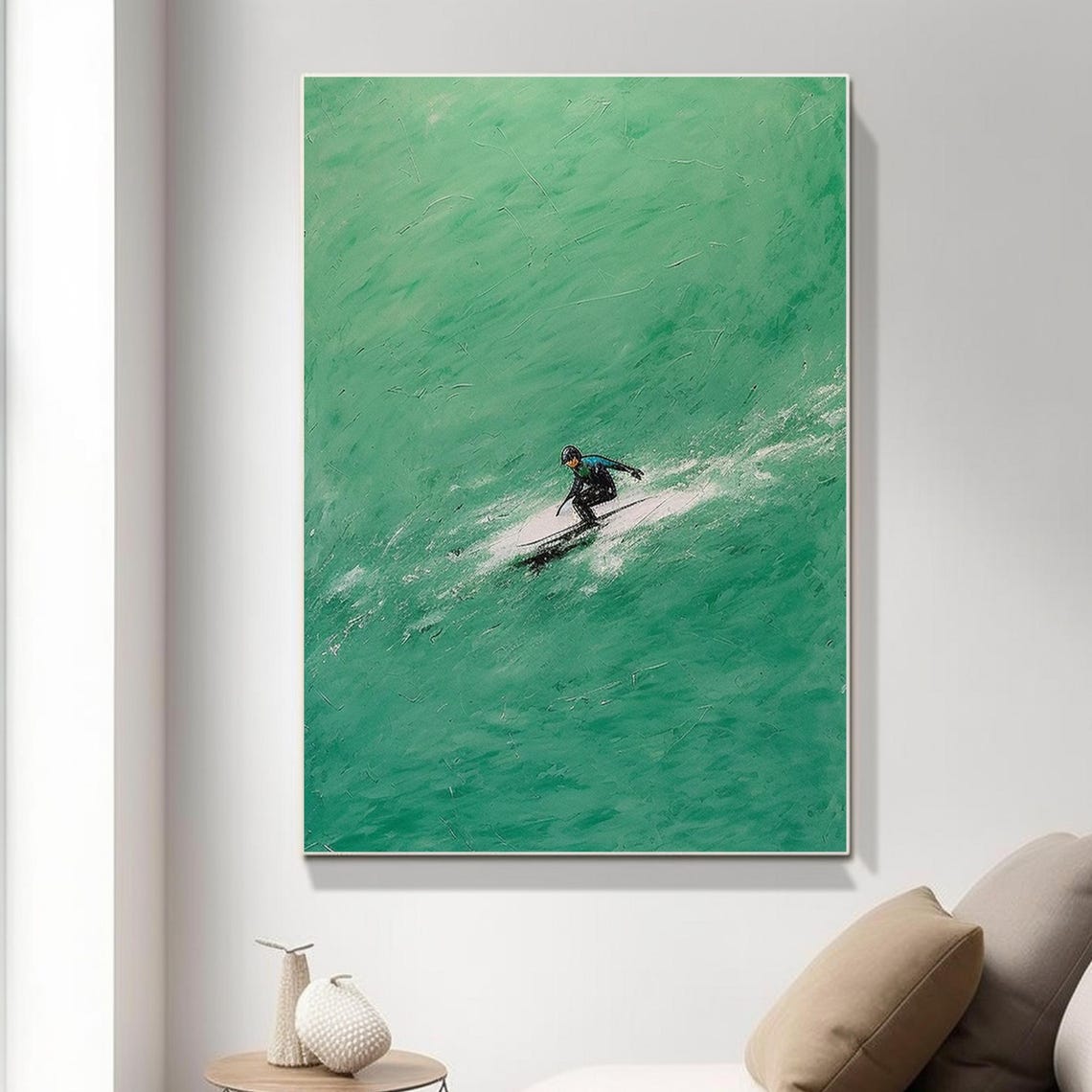 Surfer Riding Emerald Green Wave Minimalist Ocean Painting Art Poster - Image 5