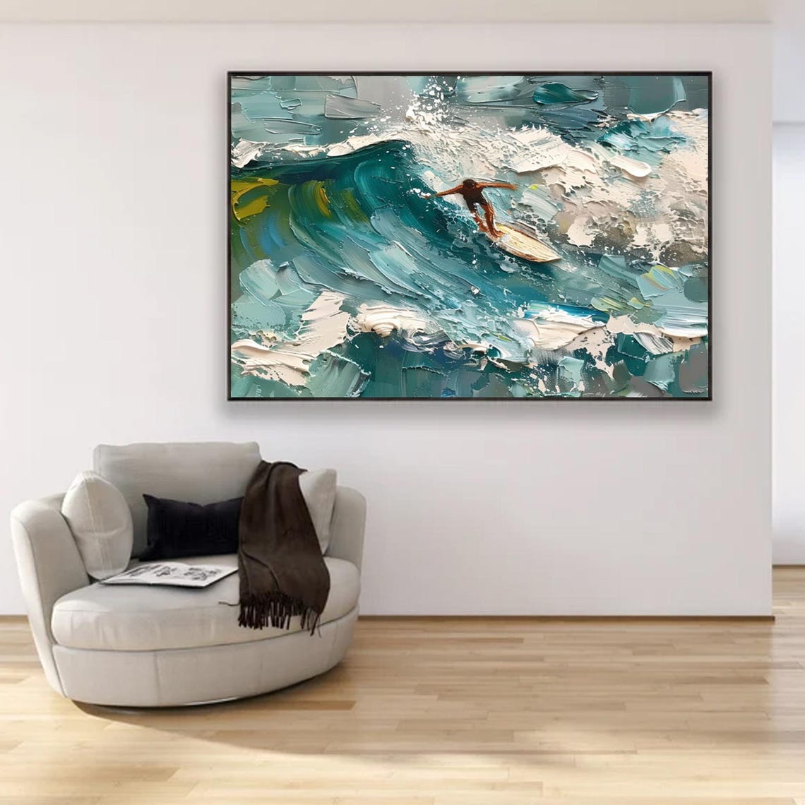 Surfer Riding Big Teal Wave Impasto Ocean Surf Artwork Poster