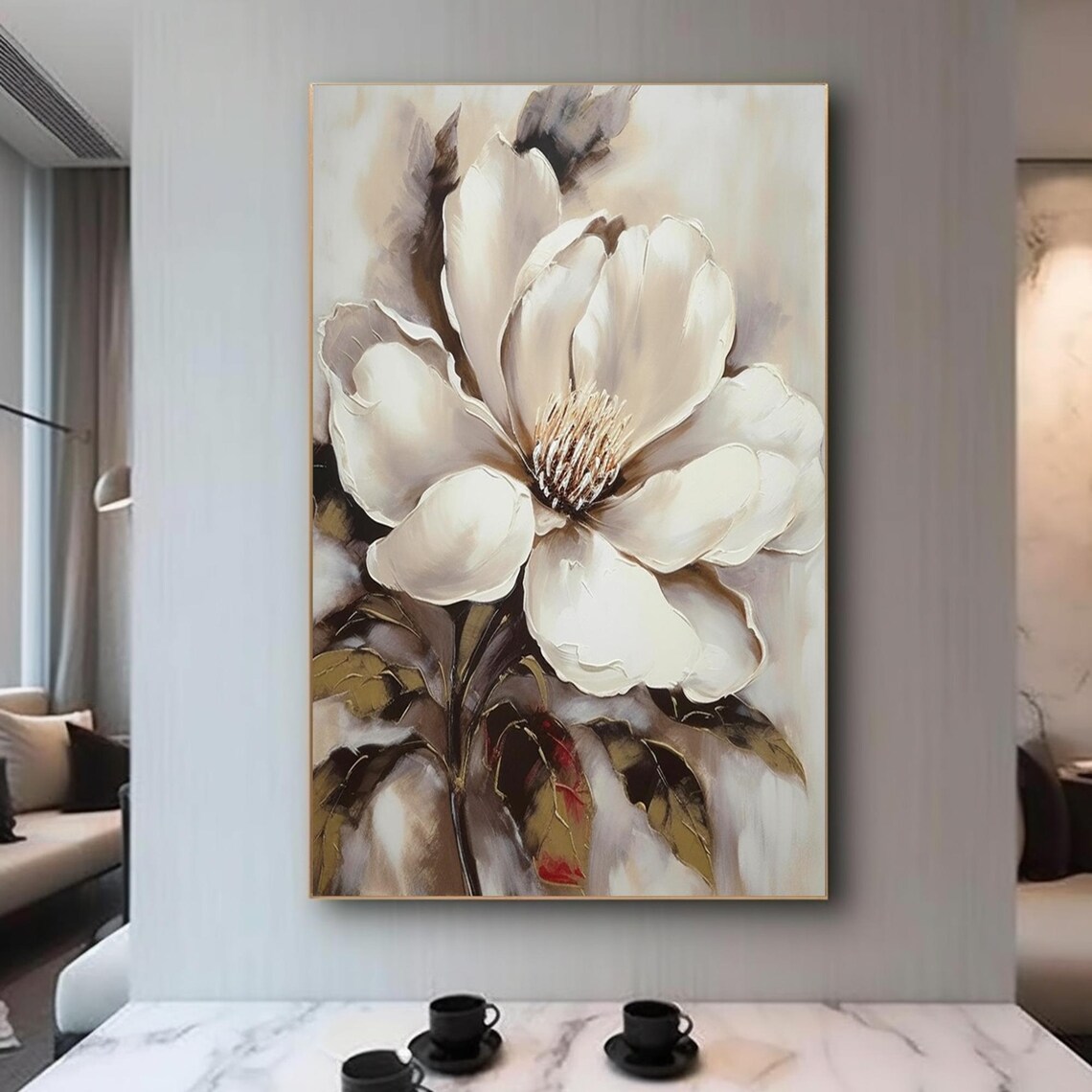 Cream Magnolia Bloom Golden Foliage Warm Neutral Floral Art Poster - Image 3
