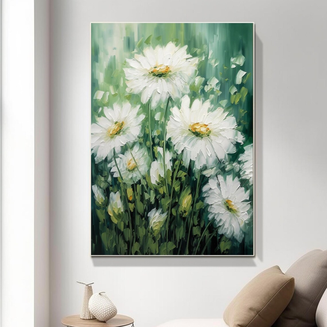 White Daisies Green Meadow Impasto Floral Field Painting Art Poster