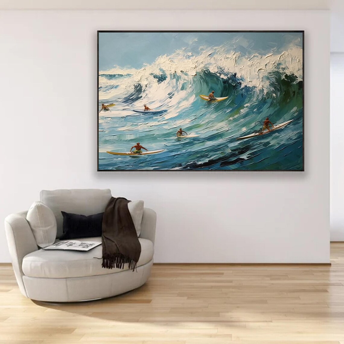 Surfers on Ocean Wave Impasto Surfing Scene Painting Art Poster