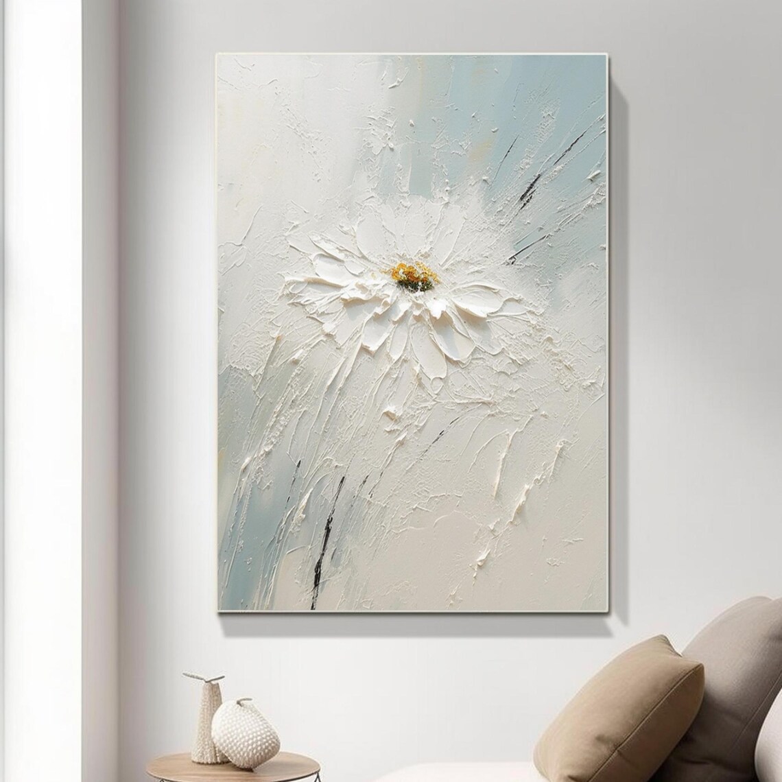 White Flower Yellow Center Loose Petals Airy Abstract Art Poster - Image 5
