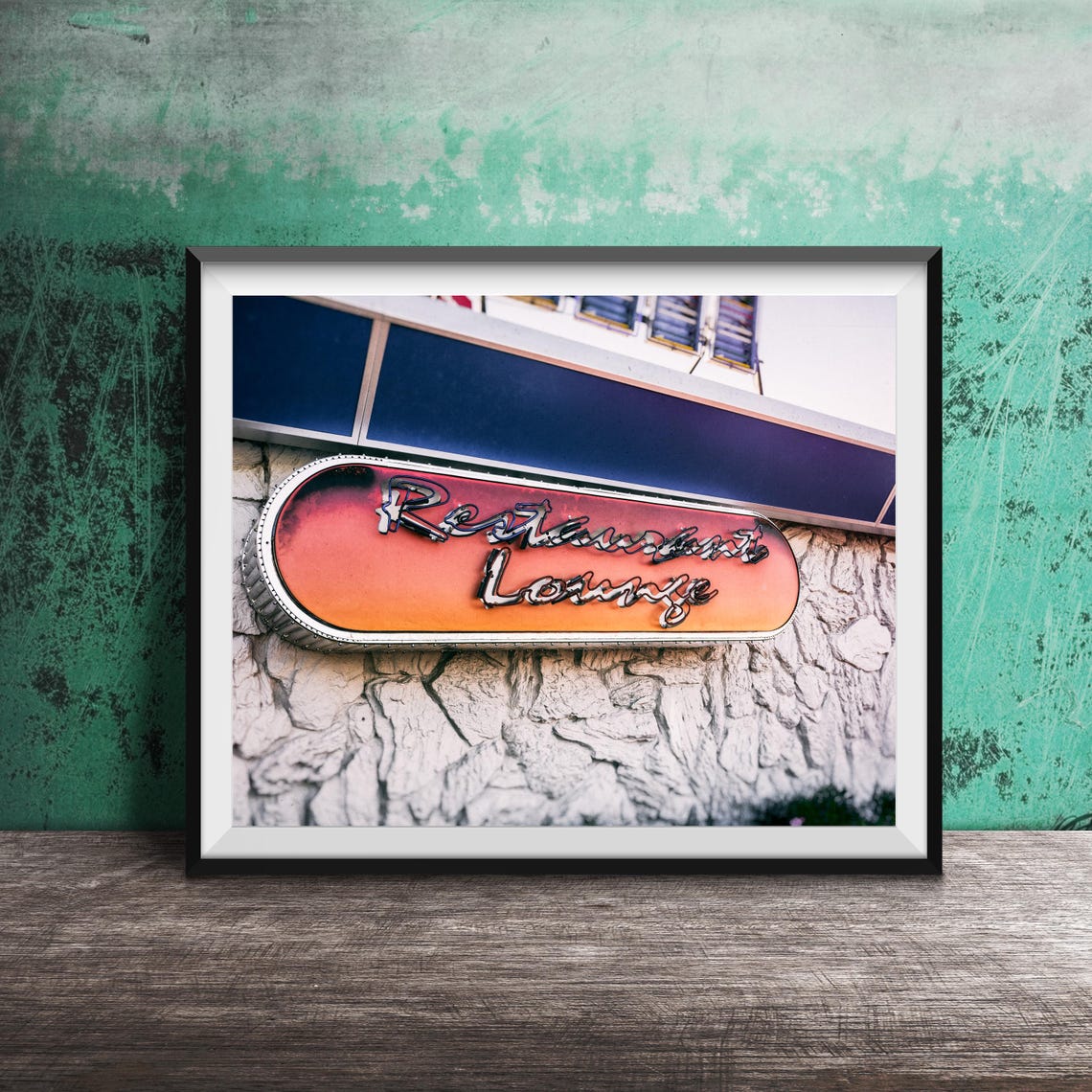 Retro Restaurant Lounge Orange Neon Sign On Stone Wall Poster