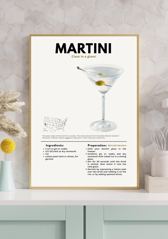 Martini Cocktail Recipe Poster With Stirred Preparation Guide