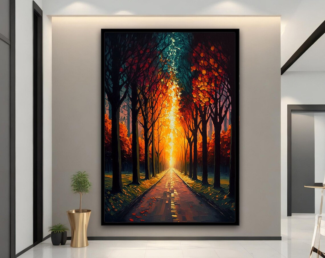 Forest Road at Sunset Autumn Trees Impasto Landscape Art Print