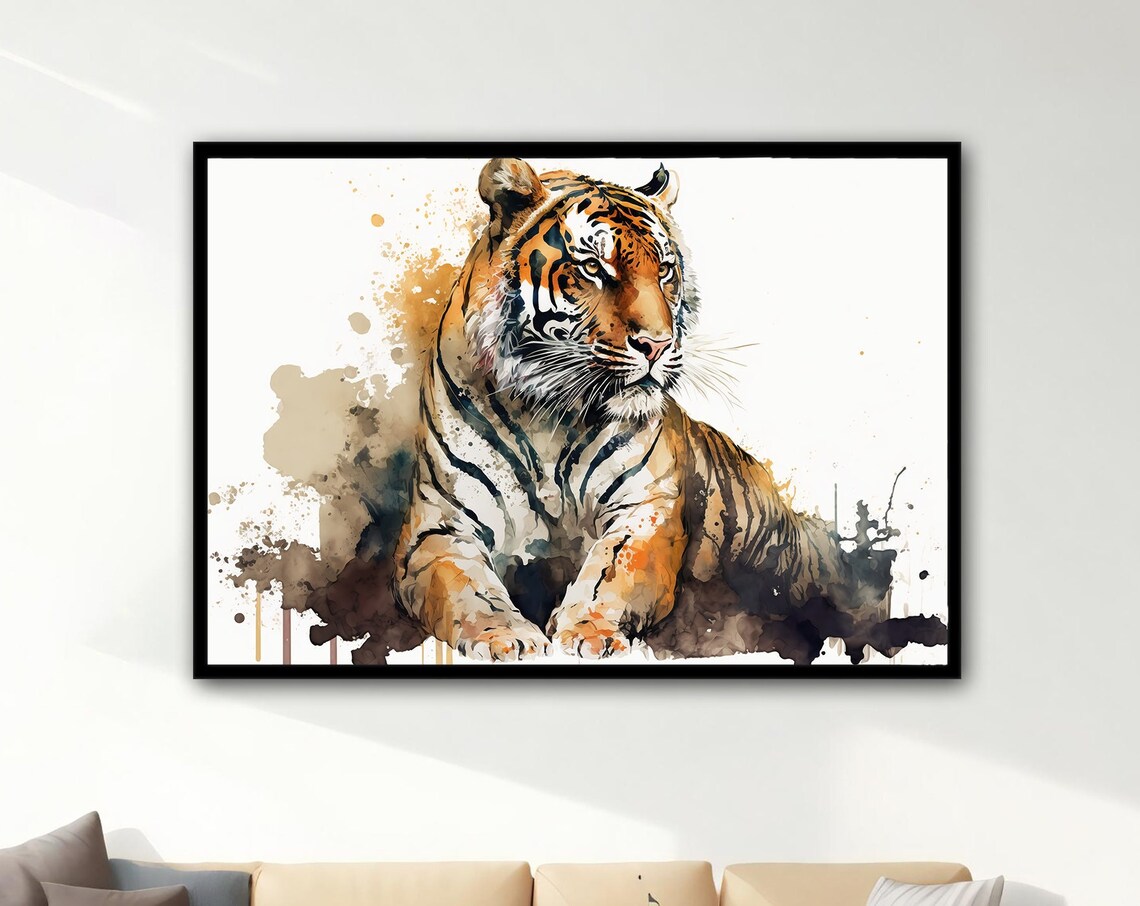 Tiger Watercolor Painting Resting Big Cat Splatter Art Wildlife Wall Poster