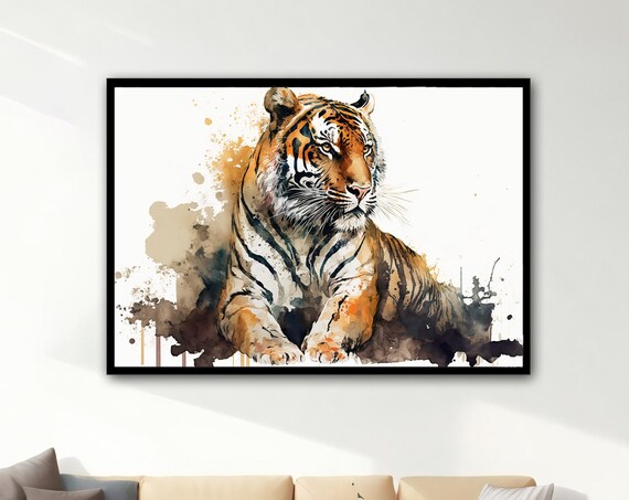Tiger Watercolor Painting Resting Big Cat Splatter Art Wildlife Wall Poster