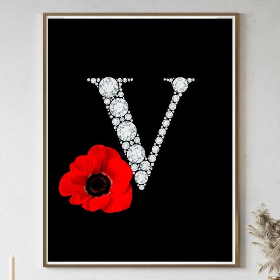 Diamond Letter V Wall Art Red Flower Monogram Print Elegant Initial Poster Personalized Name Decor Luxury Alphabet Glam