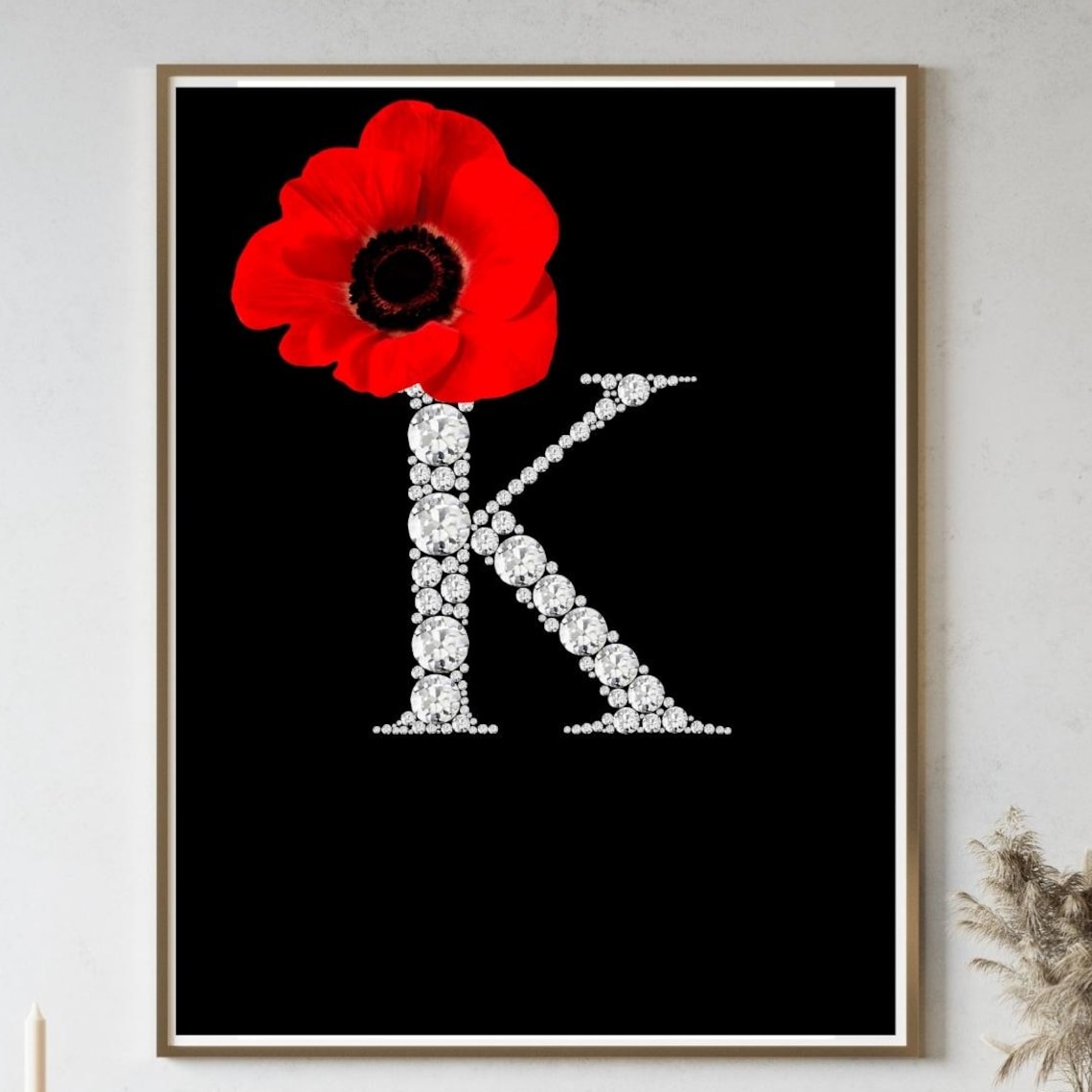 Diamond Monogram Initial K Red Poppy Flower Glam Black Poster