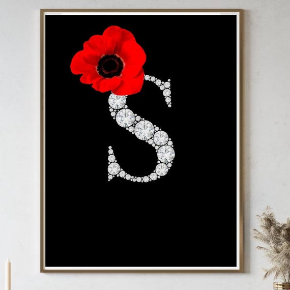 Diamond Letter S Red Flower Monogram Poster