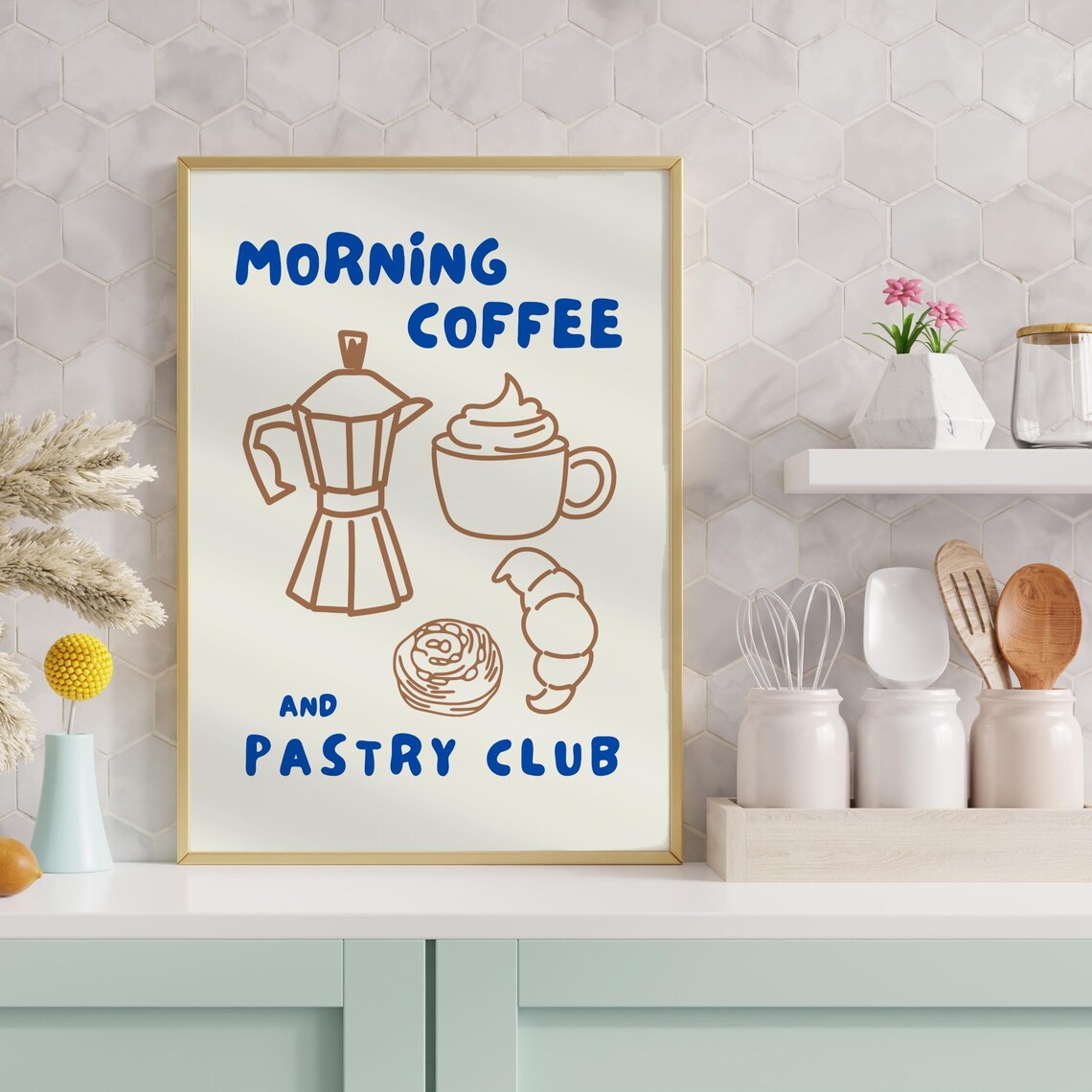 Morning Coffee Croissant Poster, Kitchen Breakfast Decor