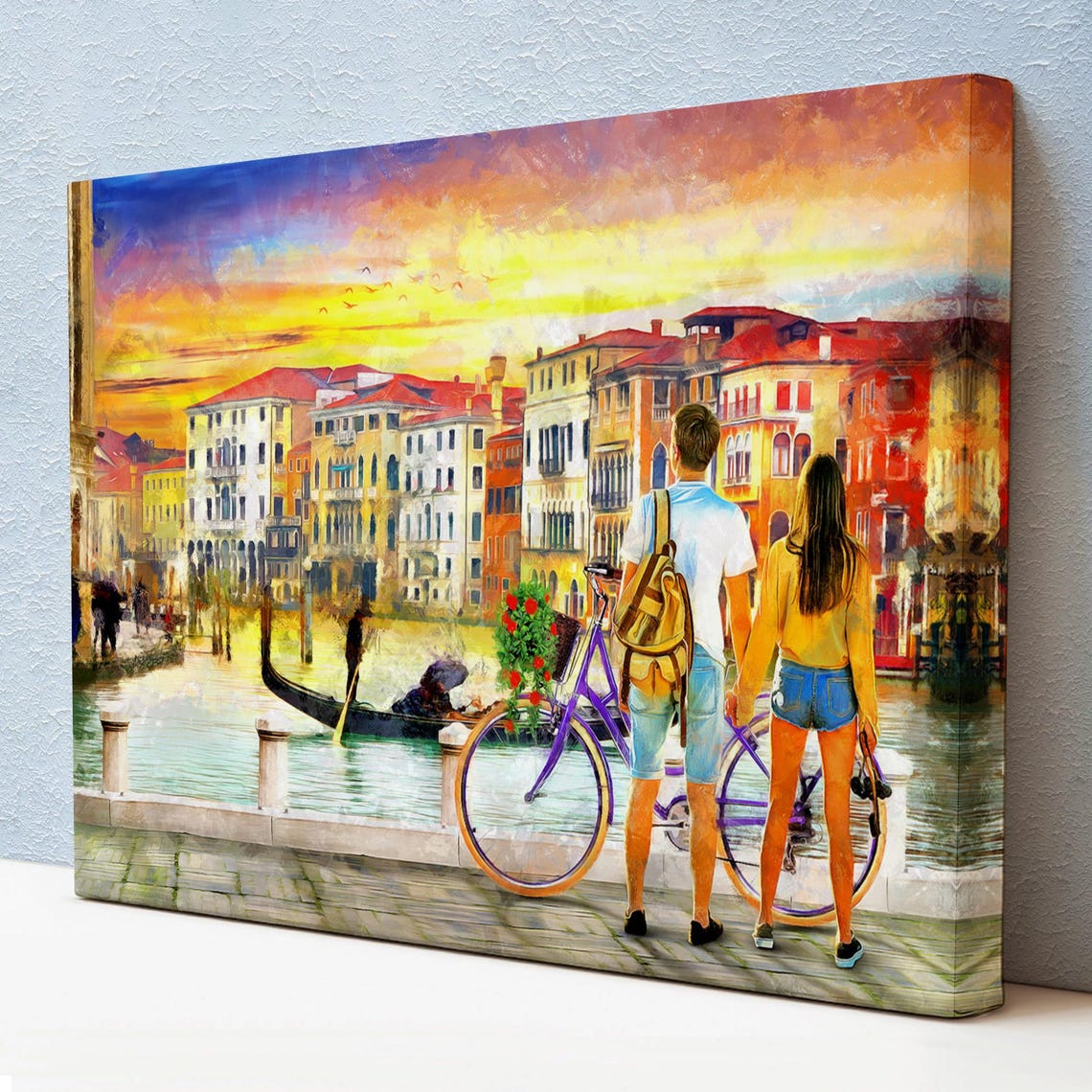 Venice Italy Grand Canal Sunset Couple With Bicycle Travel Poster