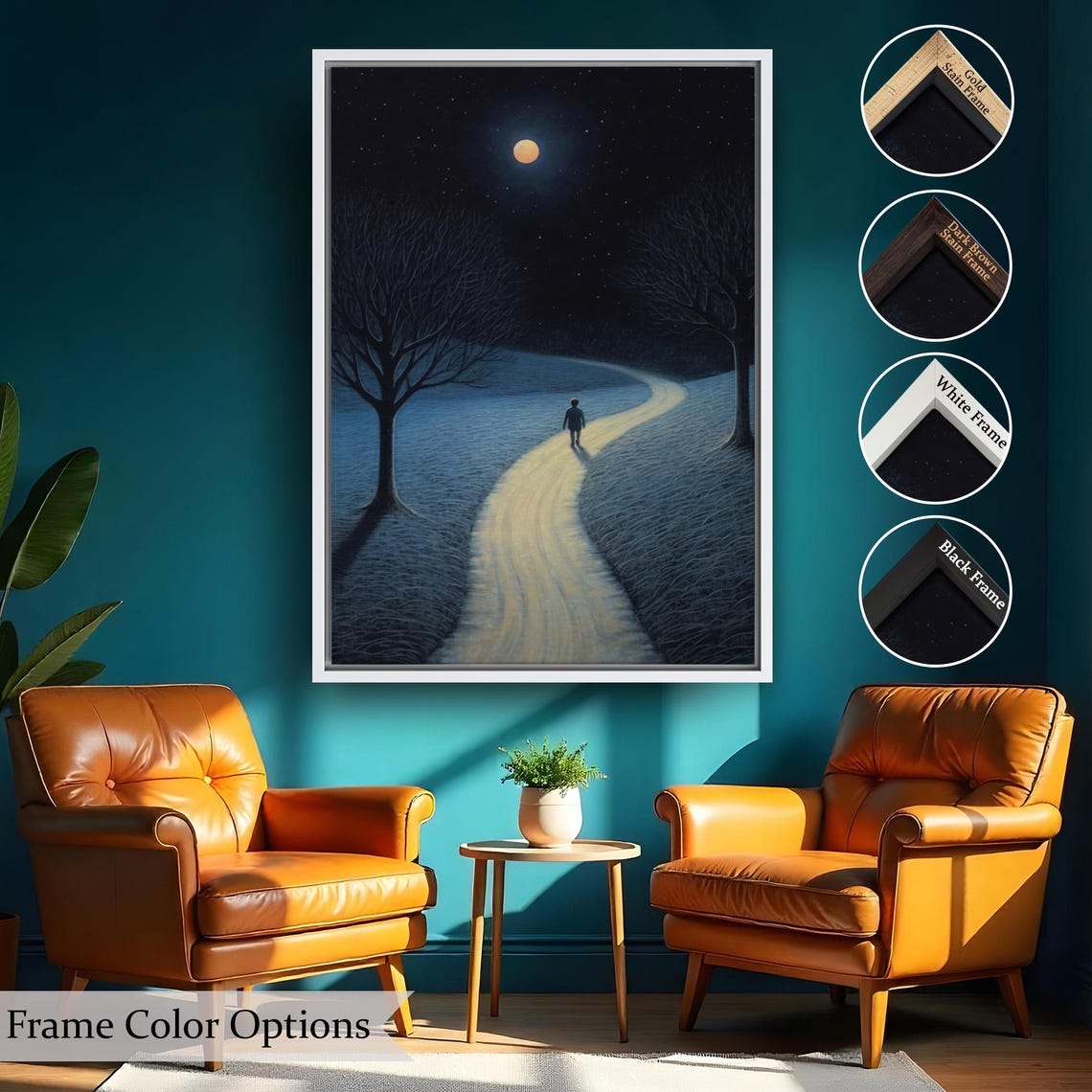 Lone Figure Moonlit Path Orange Moon Starry Night Dreamlike Poster - Image 2