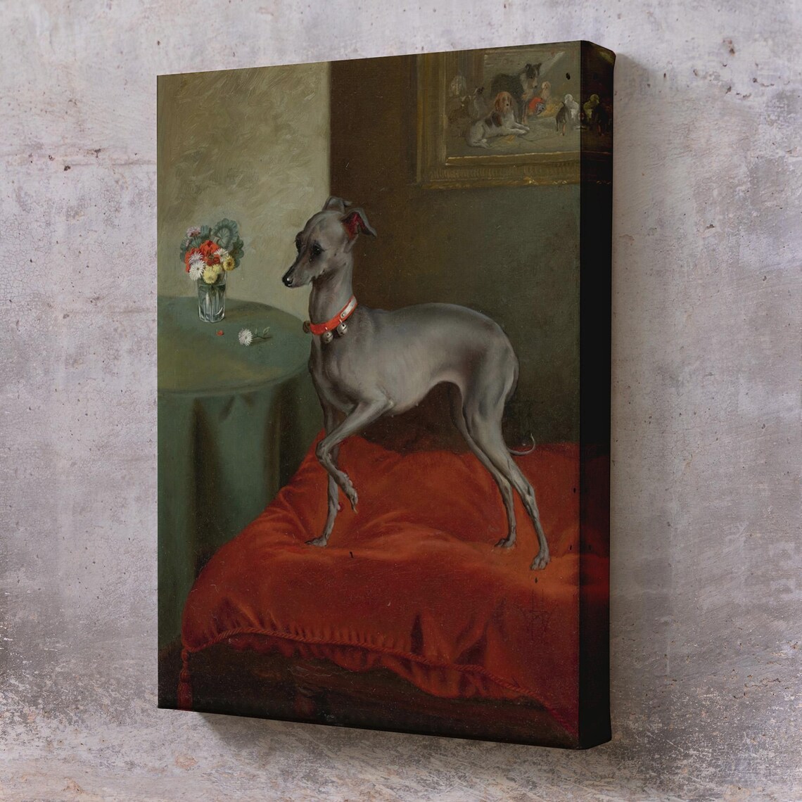 Italian Greyhound On Red Velvet Cushion Classic Oil Dog Art Poster