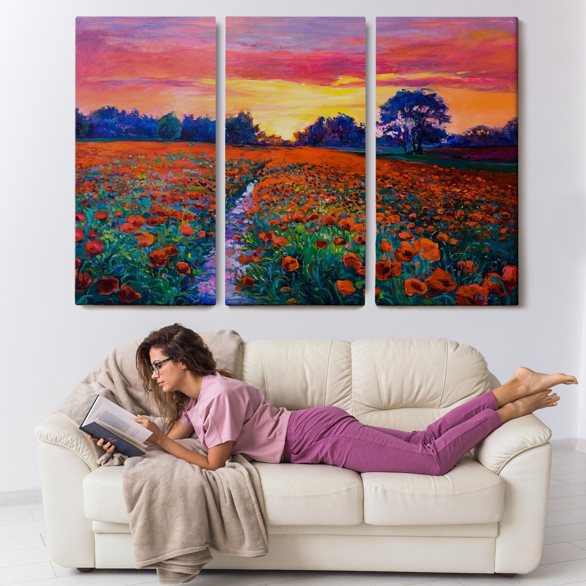 Red Poppy Field Sunset Blazing Pink Orange Sky Meadow Travel Poster - Image 3